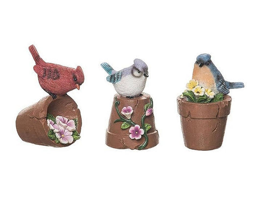 Set of 3 Miniature 4" Resin Birds on Flower Pots Cardinal, Bluebird and Blue Jay