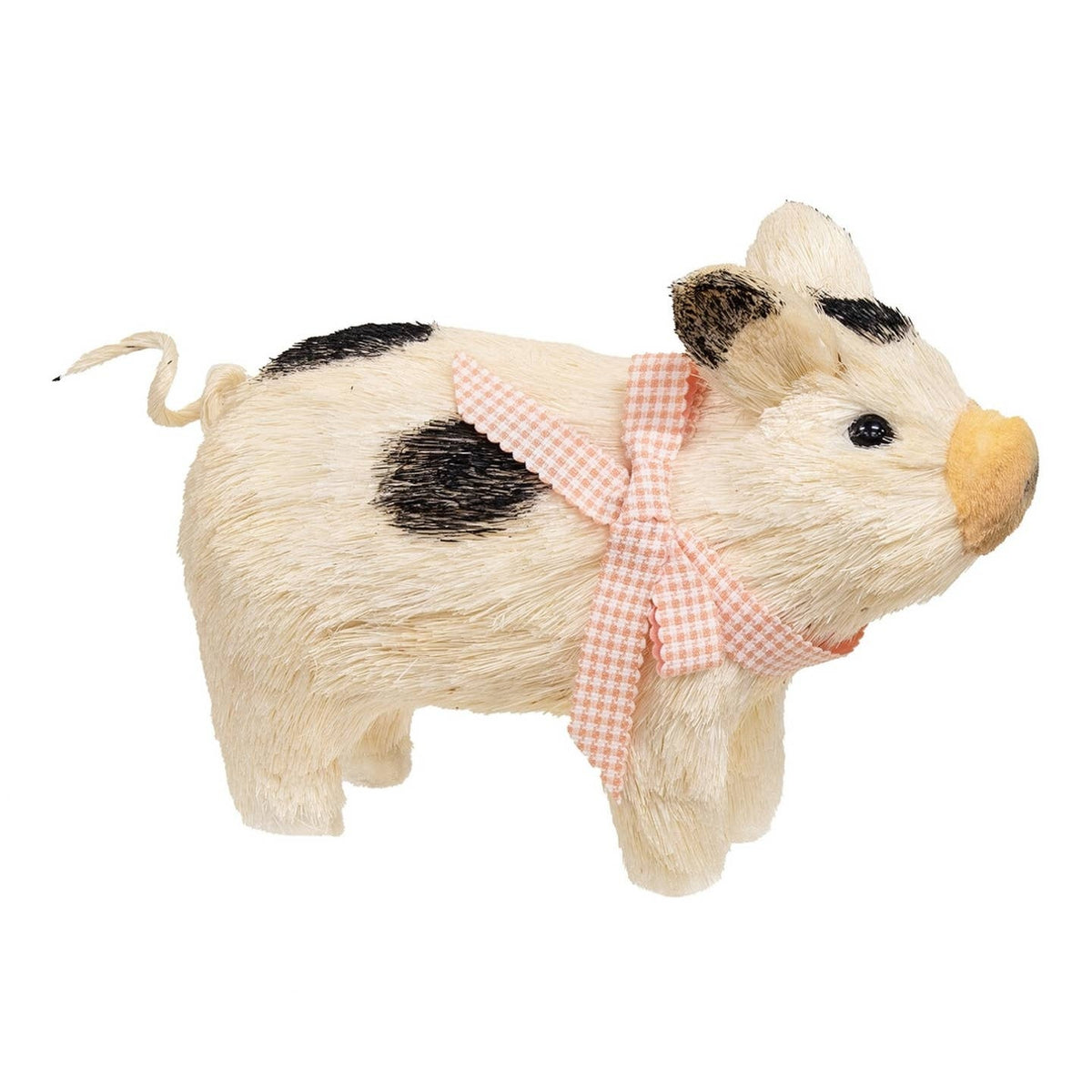Sisal Farmhouse Pig Figurine with Pink Gingham Ribbon Bow, Rustic Country Decor