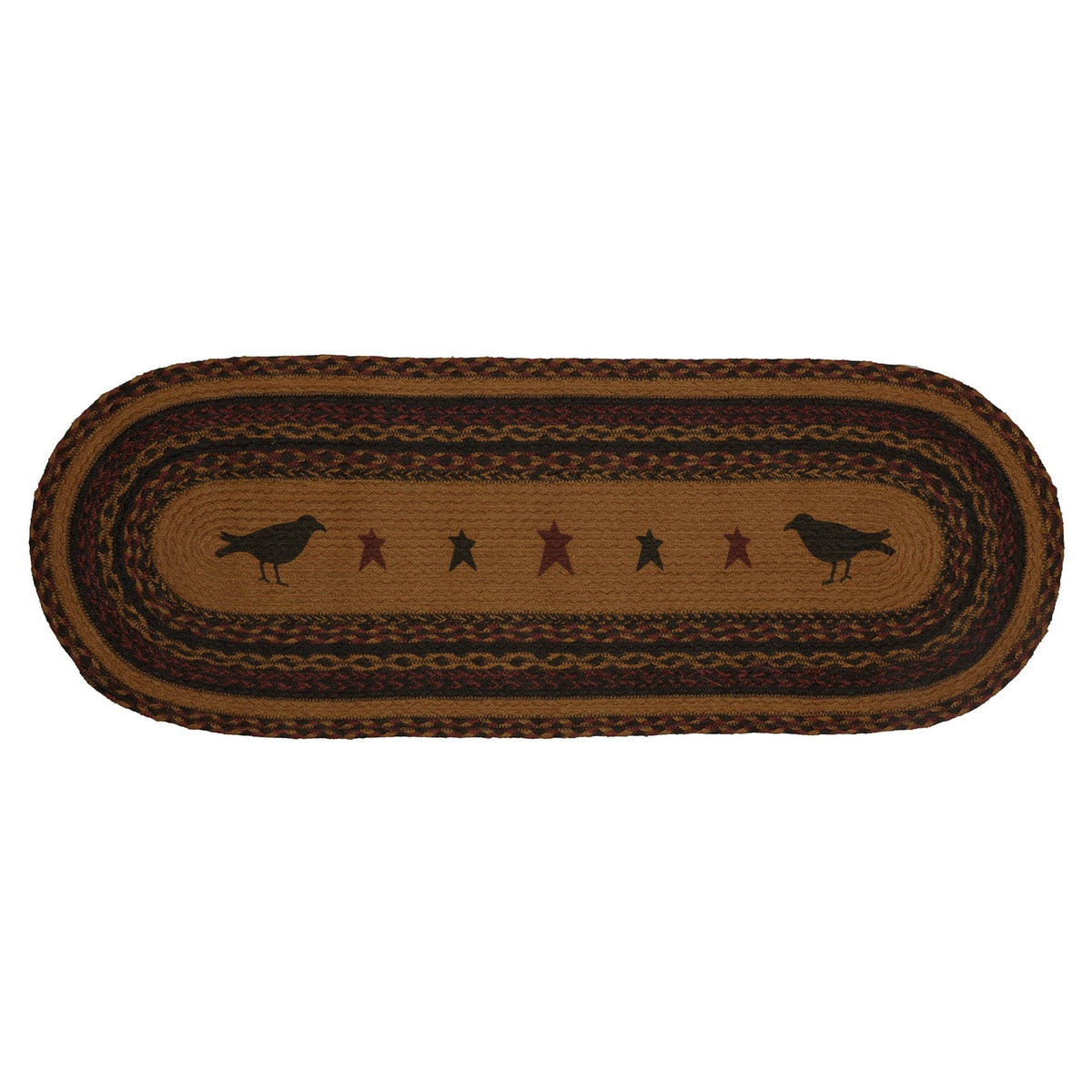 Braided Jute Oval Table Runner 13" x 36" Primitive Crow Star Colonial Folk Art