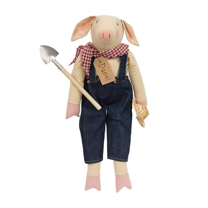 Daniel Pig Gardener with Straw Hat and Shovel, Country Primitive Plush Decor