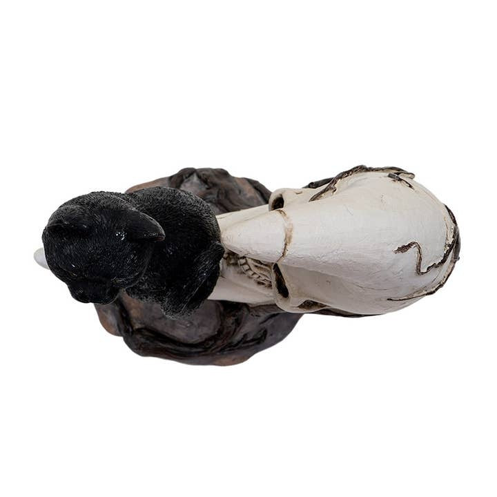 Black Cat on Skull Moon Statuette Mini 7.3" Gothic Desk Decor & Alchemy Display