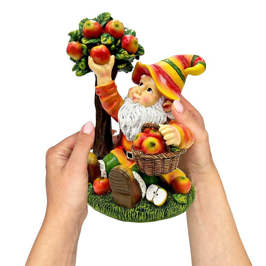 Johnny Apple Gnome Garden Statue, 8.5" Orchid Picker Whimsical Dwarf Figurine