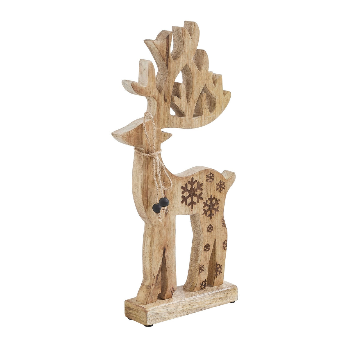 Carved Natural Mango Wood 16" Reindeer Figurine, Rustic Snowflake Christmas Decor