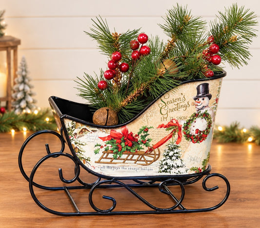 Vintage Style Holiday Sleigh, Season's Greetings Snowman Christmas Decor 8.75"