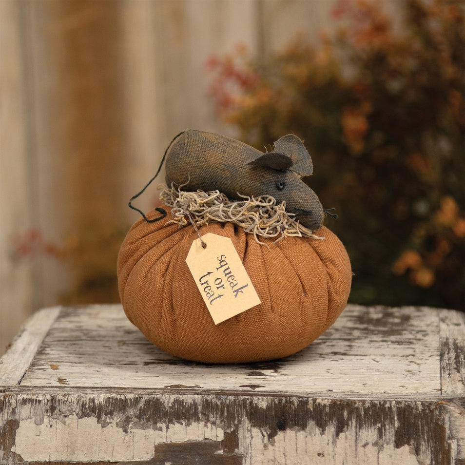 Primitive Fabric Halloween Small Squeak or Treat Mouse On Pumpkin - 4.5"H