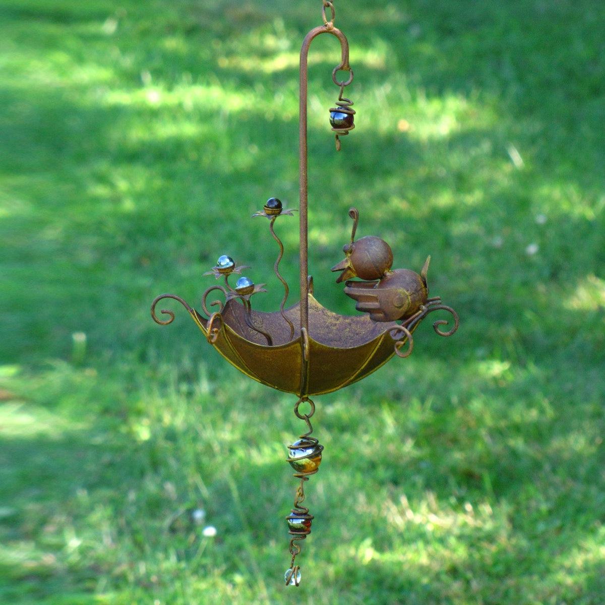 Hanging Animal Bird Feeder & Garden Mobile, Rustic Metal Yard Art in Rust