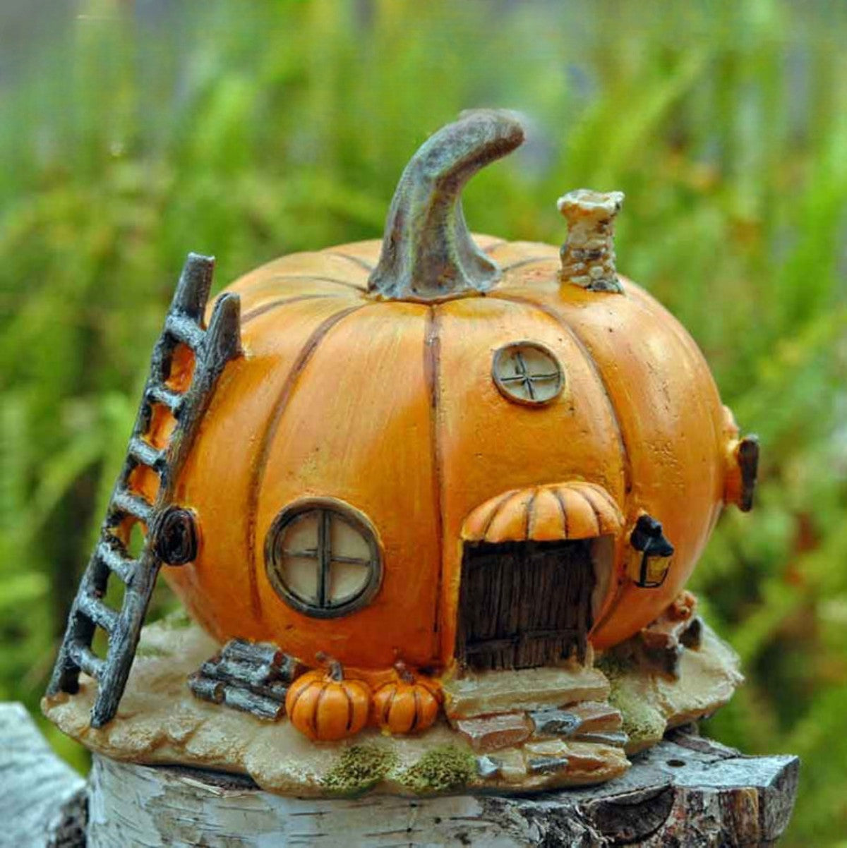 Miniature Orange Pumpkin Fairy House with Ladder 4" Fall Garden, Home Accent