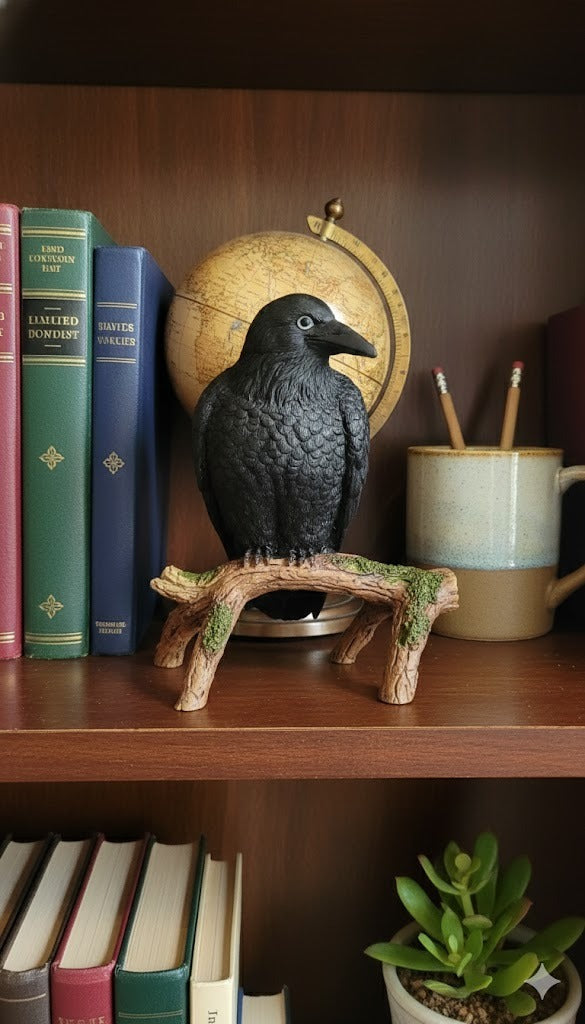 Black Raven on Tree Branch Cold Cast Resin Collectible Figurine Gothic Decor
