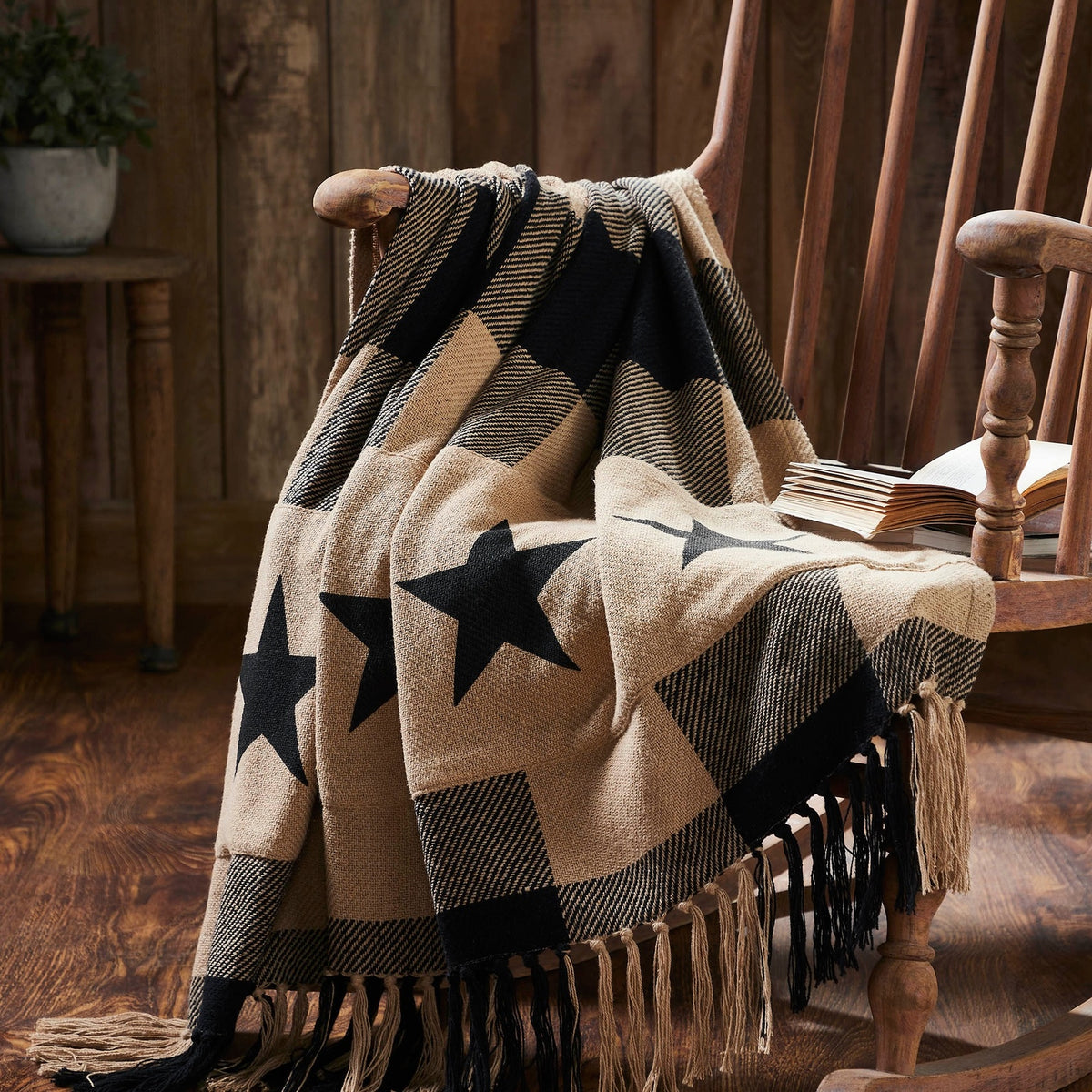 Black Check Star Primitive Woven Throw Blanket 50" x 60", Country Americana