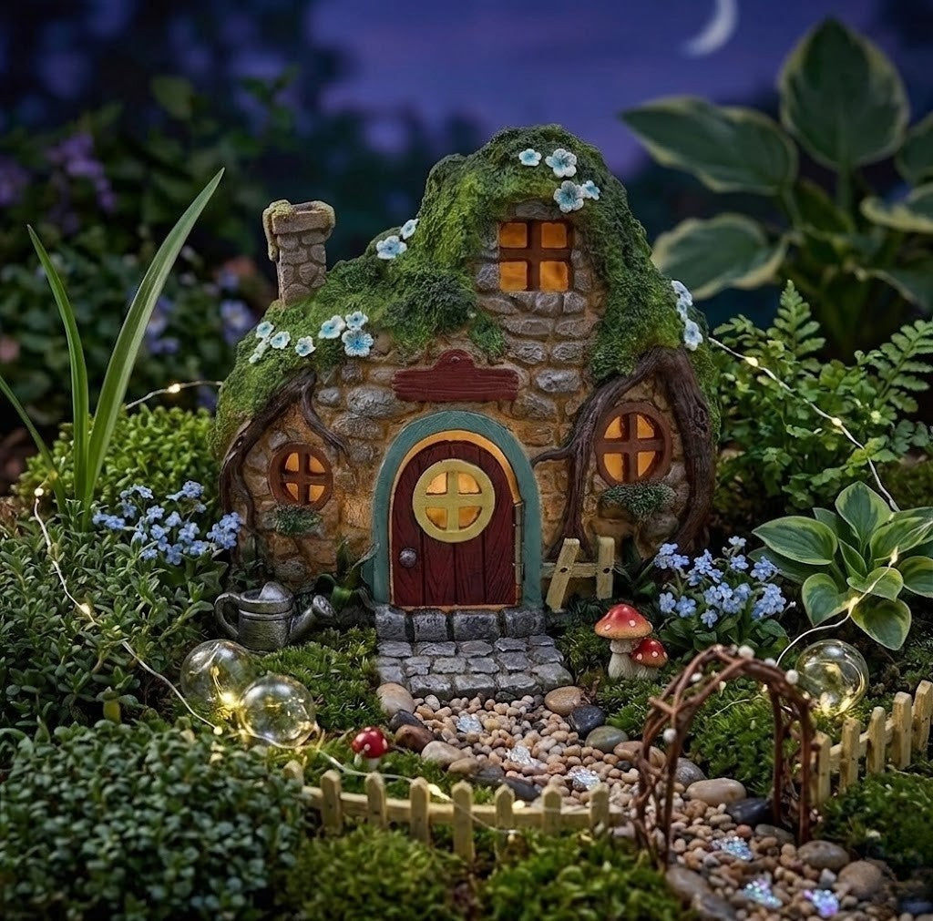 Enchanted LED Light-Up Stone Fairy Garden House Miniature Cottage