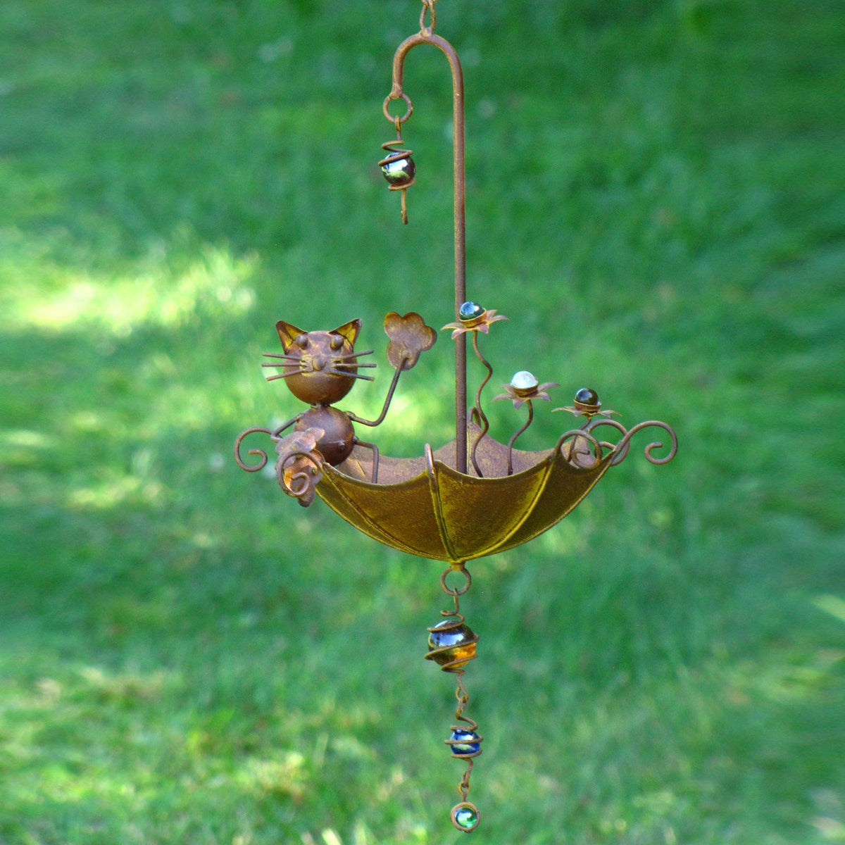 Hanging Animal Bird Feeder & Garden Mobile, Rustic Metal Yard Art in Rust