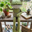 Large Plush Whimsical Frog with Plaid Overalls Weighted 23.5" Shelf Sitter