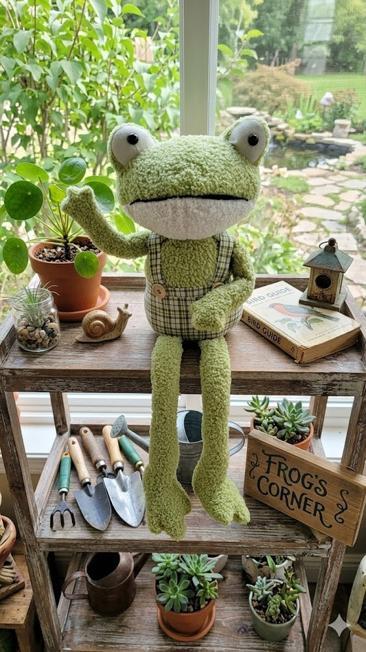 Large Plush Whimsical Frog with Plaid Overalls Weighted 23.5" Shelf Sitter