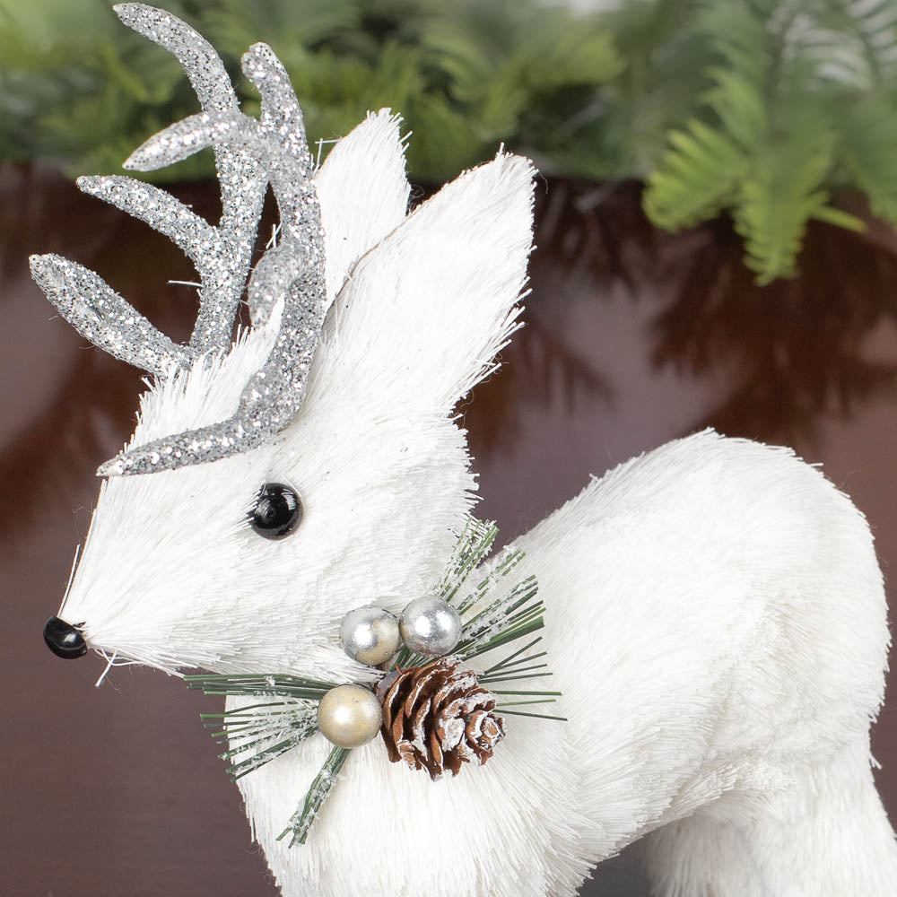 White Sisal Christmas Small Deer Set with Glitter Antlers, Holiday Shelf Decor