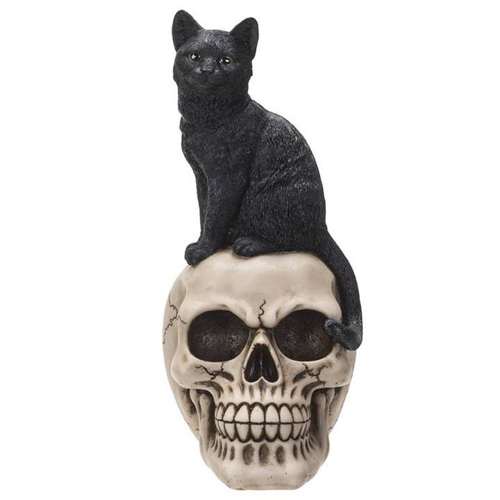 Black Cat on Skull Figurine Gothic Halloween Decor Small Resin 9 1/2" Statuette
