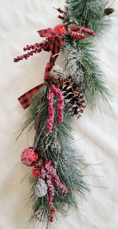 48" Frosted Pine Christmas Swag Garland with Plaid Bows, Berries & Pinecones