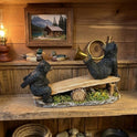 Twin Black Bear Cubs Playing on a Log Seesaw Figurine, Rustic Forest Cabin Decor