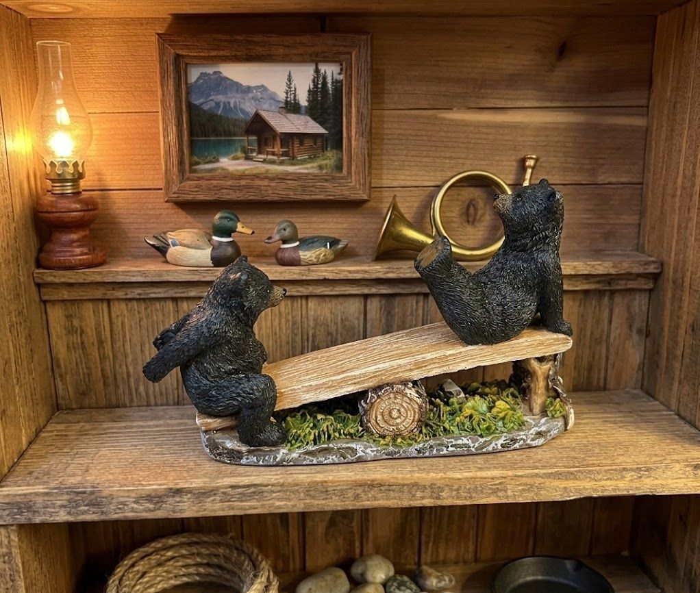 Twin Black Bear Cubs Playing on a Log Seesaw Figurine, Rustic Forest Cabin Decor
