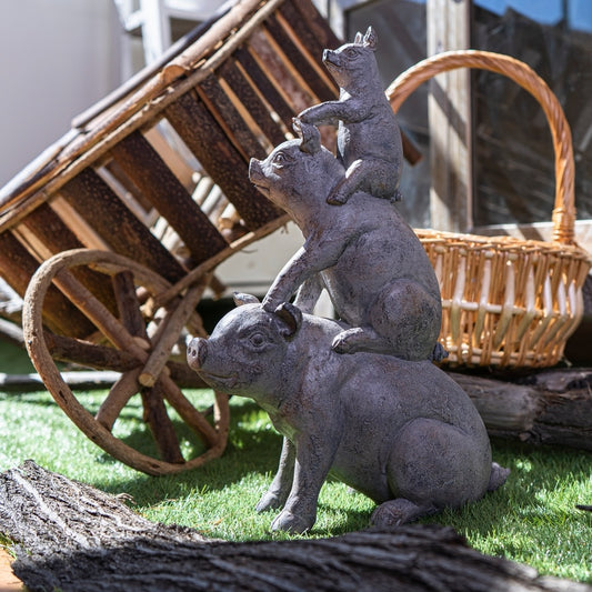 Farmhouse Gray Resin Stacked Pigs Statue, Animal Garden Accent, 14"