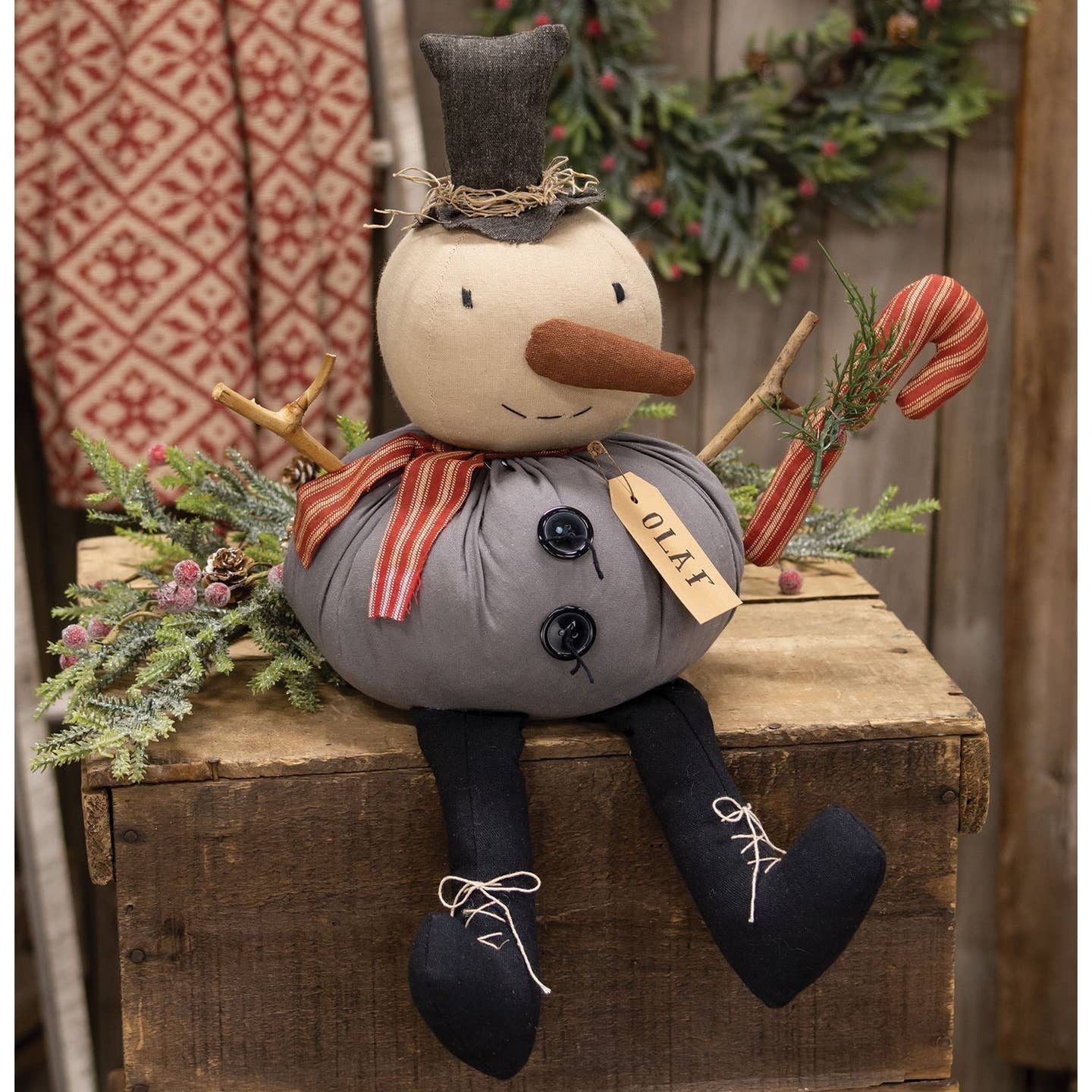 Primitive Olaf the Snowman Doll W/Candy Cane Christmas and Winter Prim Decor
