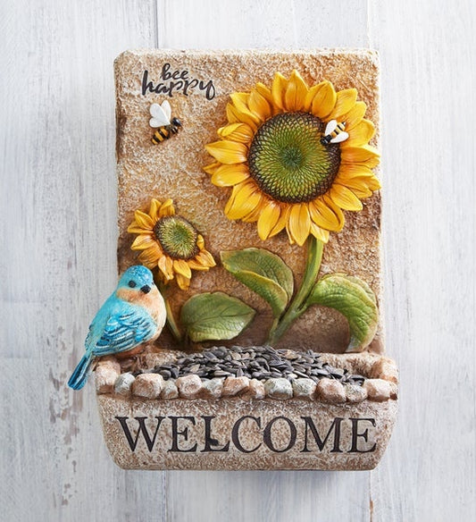 Welcome Bee Happy Resin Sunflower and Bluebird Bird Feeder 10"
