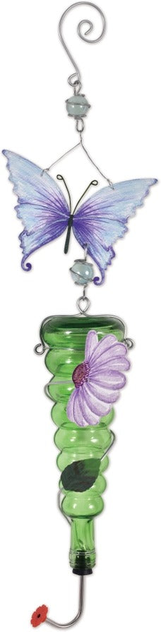 Enchanted Gardens Butterfly and Floral Green Glass Hummingbird Feeder, 28"