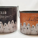 Halloween Ghost Metal Tins "Hello Spooky Season" & "Happy Halloween" Bucket Set