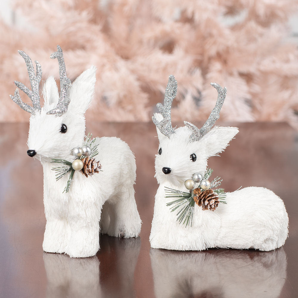 White Sisal Christmas Small Deer Set with Glitter Antlers, Holiday Shelf Decor