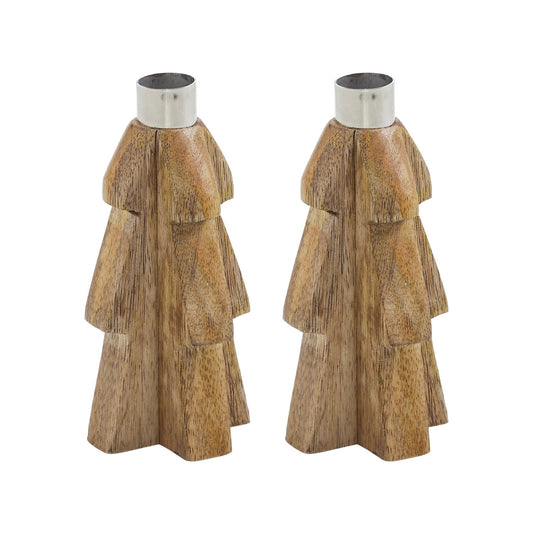 Set of 2 Mango Wood Tree Taper Candle Holders 6" Rustic Wooden Christmas Decor