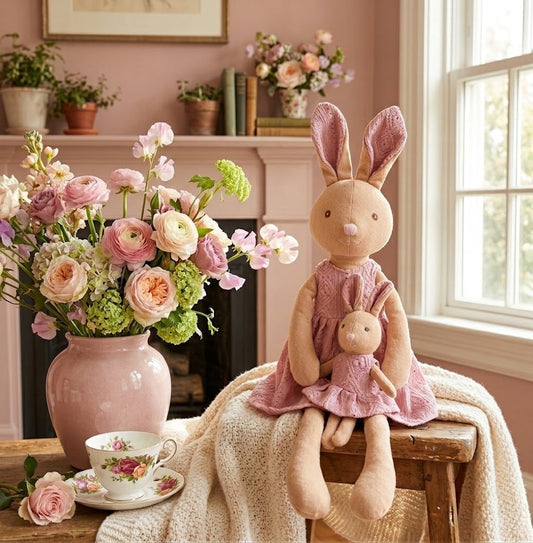 Levlovs Mom and Baby Plush Bunny Rabbit Dolls in Rose Pink Eyelet Dresses