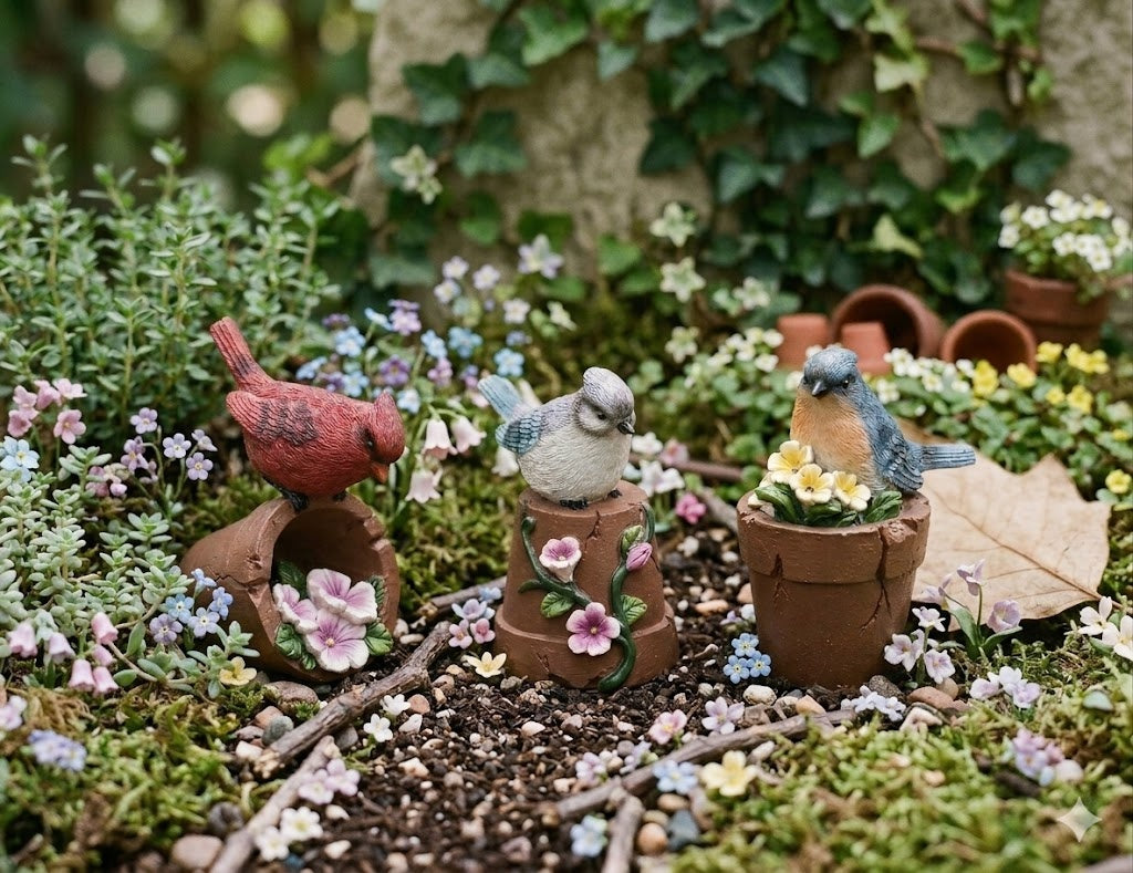 Set of 3 Miniature 4" Resin Birds on Flower Pots Cardinal, Bluebird and Blue Jay