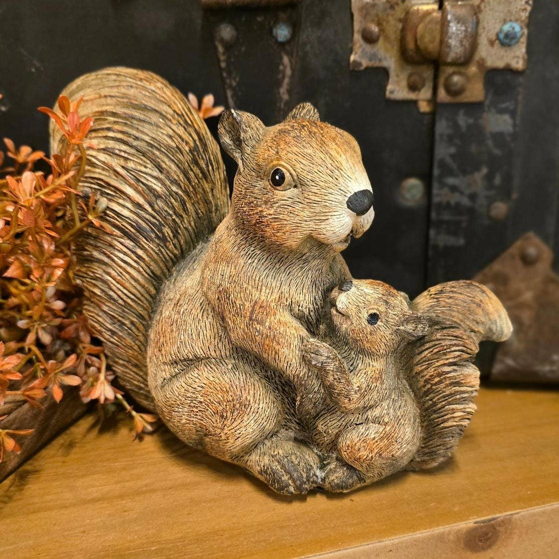 "Snuggles" Resin Squirrel & Baby Figurine Statue, Rustic Wildlife Decor 7x6"