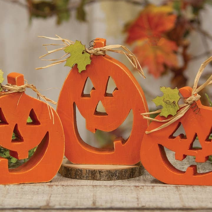 Halloween Set of Three Small Cutout Orange Jack O Lantern Chunky Shelf Sitters