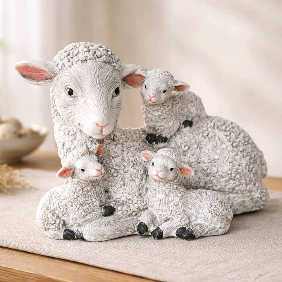 Farmhouse Sheep Family Figurine – Small Resin Mother Ewe with 3 Lambs Statue