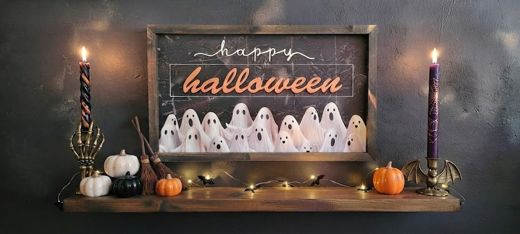 Rustic "Happy Halloween" Ghost Gathering Wood Framed Wall Picture, 9.5"X 15.75"