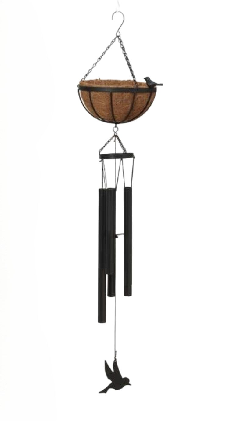 Bird Motif Metal Wind Chime with 7" Coco Mat Round Planter, 35.8"