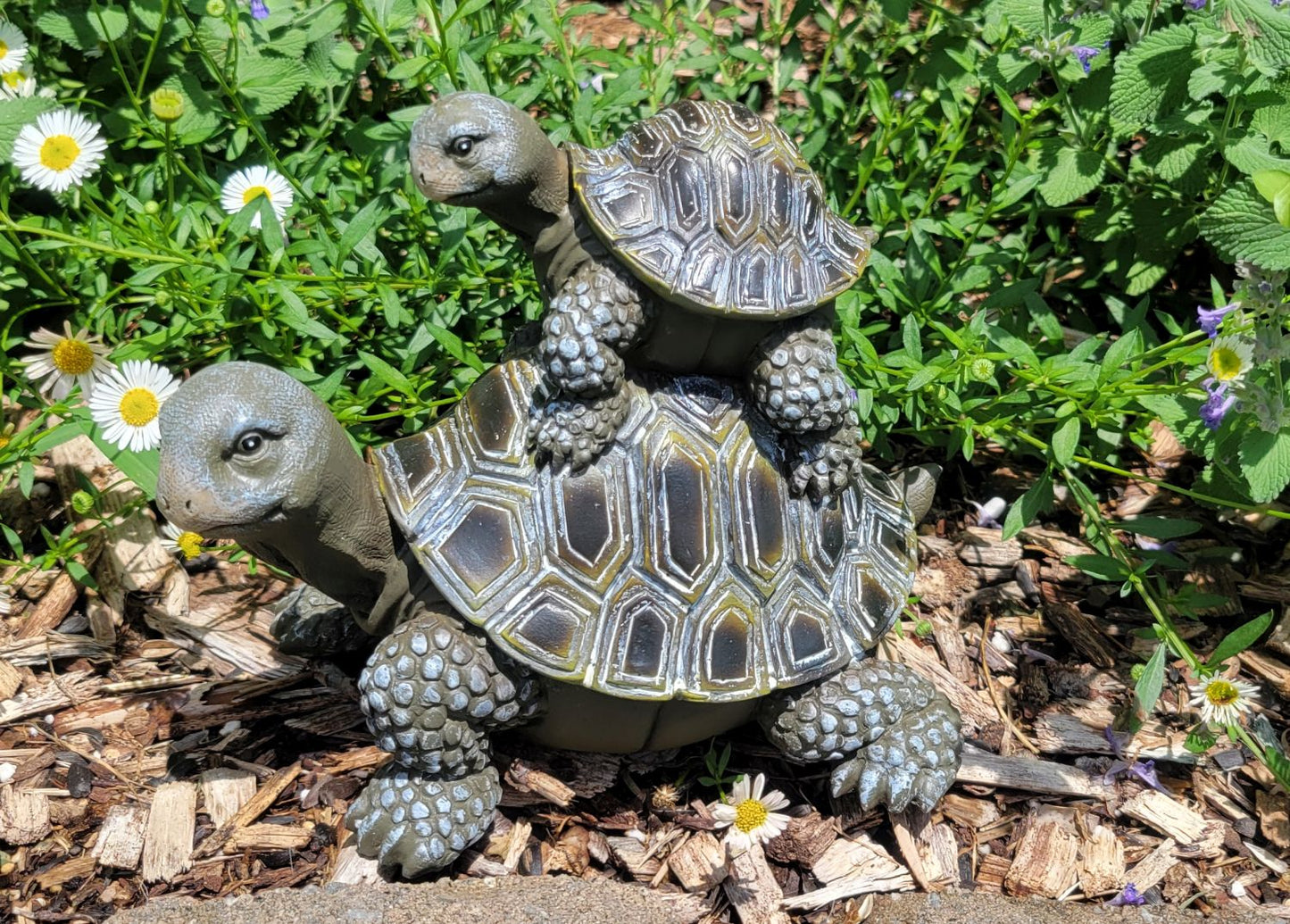 Stacked Turtles Figurine, Resin Tortoise 5 1/2" Small Statue, Garden Accent