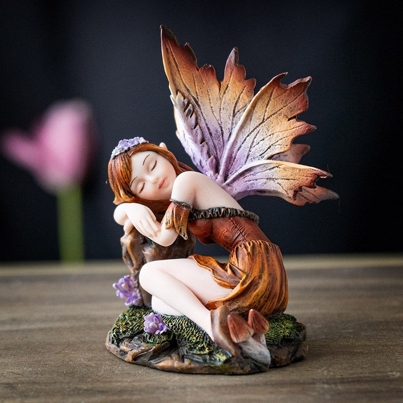 Miniature Sleeping Fairy Figurine with Leaf Wings, Woodland Faery Decor