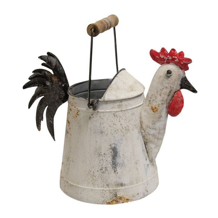 Farmhouse Rooster Decorative Distressed White Galvanized Metal Watering Can