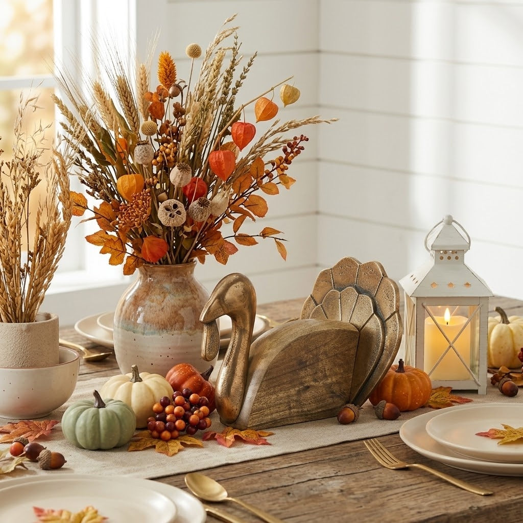 Holiday Turkey with Mango Wood and Burnished Gold, Rustic Fall Decor 6"