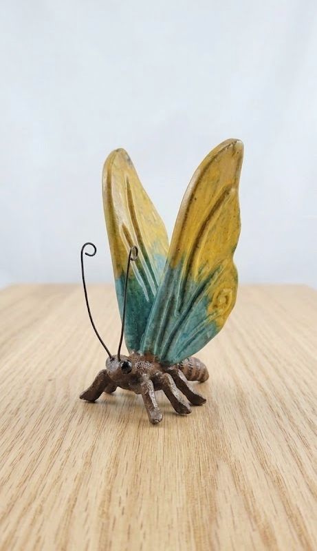 Colorful Yellow and Turquoise Resin Sitting 6" Butterfly Garden Accent
