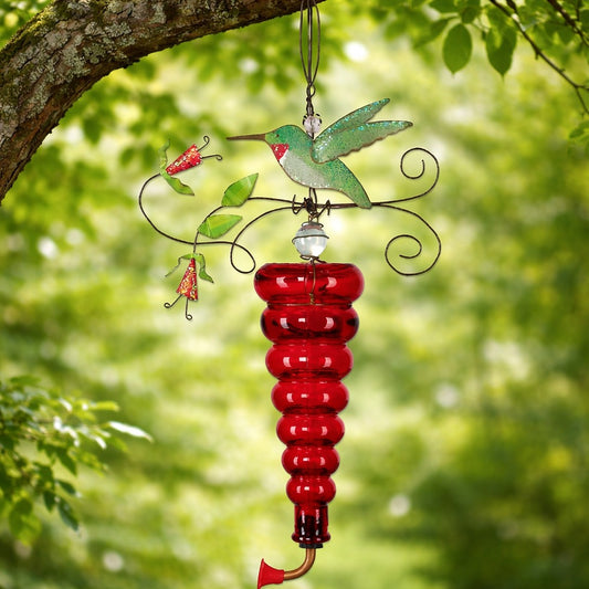 Birds of a Feather Metal and Glass 20.5" Decorative Red Hummingbird Feeder