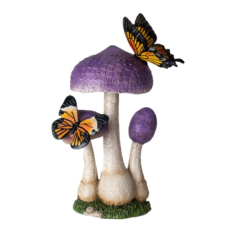 Purple Toadstool Mushroom Garden Statue with Monarch Butterflies
