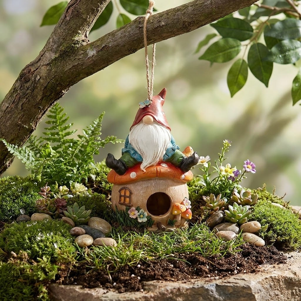 Gnome Fairy Mushroom Toadstool Birdhouse, 8" Hanging Garden Accent