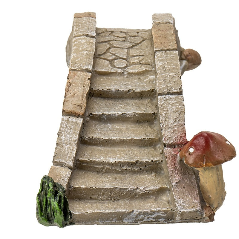 Fairy Garden Stone Arch Resin Bridge with Steps and Mushroom Detail, 7 1/2"