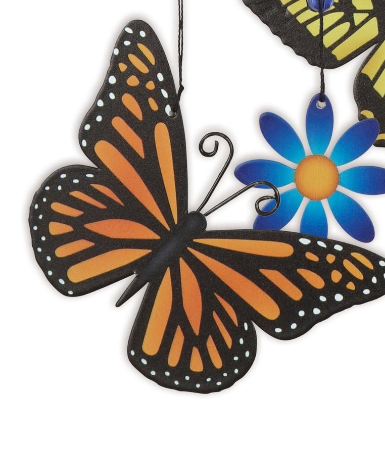 Painted Metal Butterfly Trio and Flowers Small 10" Windchime