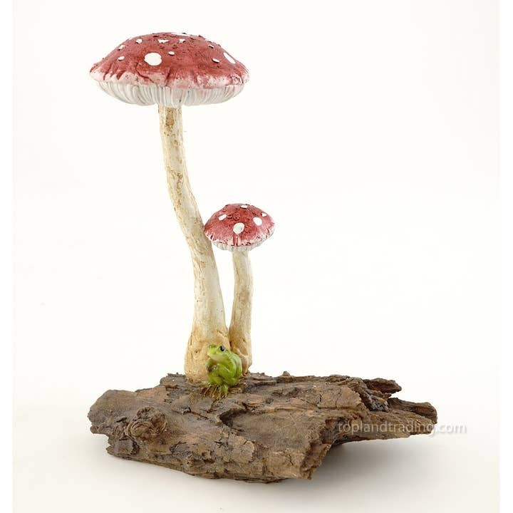 Whimsical Light Red Polka Dot Mushrooms & Frog Fairy Garden Miniature Figurine