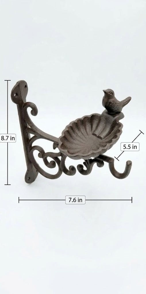 Antique Brown Cast Iron Bird Feeder Dish with Hook, Wall Mount Garden Bracket