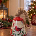 Holiday Cardinal Bell Decor with Jute Rope Hanger, Musical Notes & Poinsettias