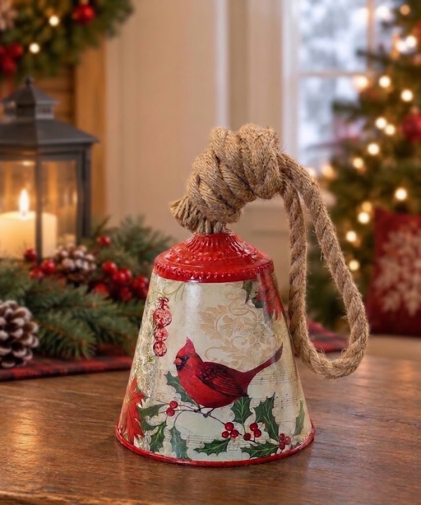 Holiday Cardinal Bell Decor with Jute Rope Hanger, Musical Notes & Poinsettias